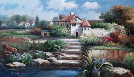 2169-T3 | 90cm x 60cm | rivière près d'un village 